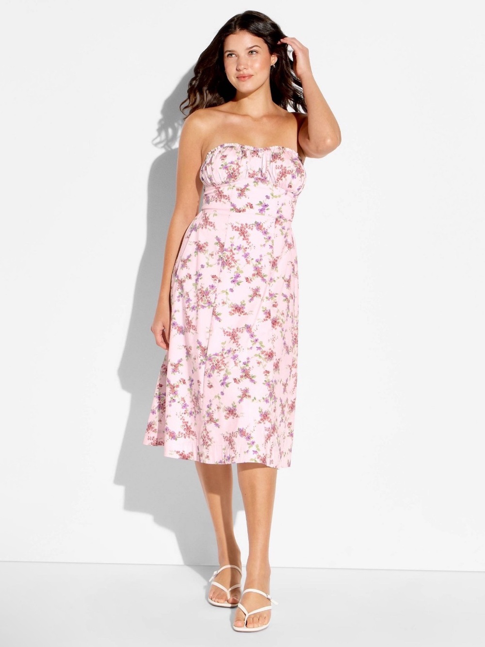 Wild Fable Fit and Flare Babydoll Midi A-Line Strapless Pink Floral Midi Dress S - Picture 12 of 12